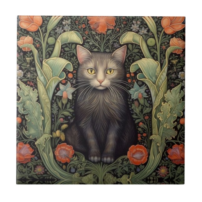 Art nouveau black cat and red flowers tile (Front)