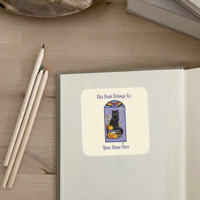 Art Nouveau Black Cat Bookplate Square Sticker (Creator Uploaded)