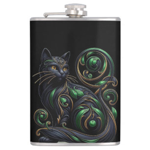 Art Nouveau Black Cat Celtic Vinyl Wrapped Flask