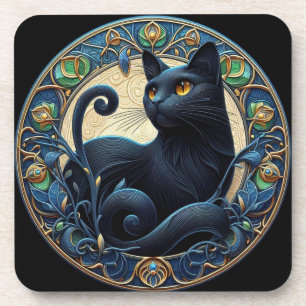 Art Nouveau Black Cat Plastic Coaster Set