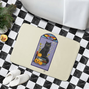 Art Nouveau Black Cat Pumpkin Purple Autumn Yellow Bath Mat