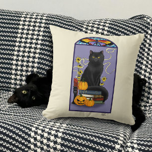Art Nouveau Black Cat Pumpkin Purple Autumn Yellow Cushion