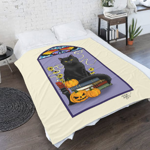 Art Nouveau Black Cat Pumpkin Purple Autumn Yellow Fleece Blanket