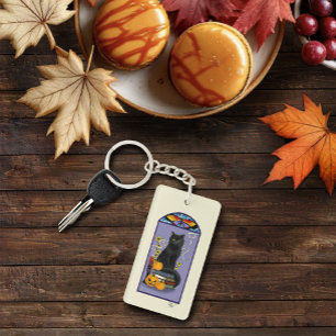 Art Nouveau Black Cat Pumpkin Purple Autumn Yellow Key Ring