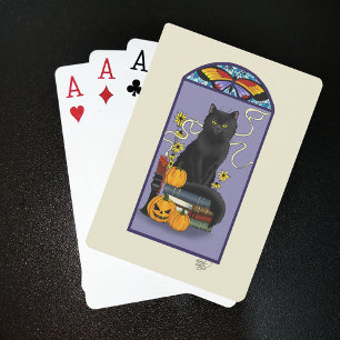 Art Nouveau Black Cat Pumpkin Purple Autumn Yellow Playing Cards