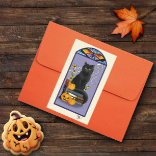 Art Nouveau Black Cat Pumpkin Purple Autumn Yellow Rectangular Sticker