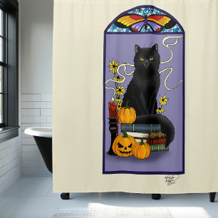 Art Nouveau Black Cat Pumpkin Purple Autumn Yellow Shower Curtain