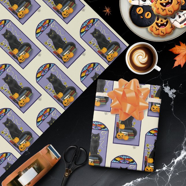 Art Nouveau Black Cat Pumpkin Purple Autumn Yellow Wrapping Paper (Creator Uploaded)
