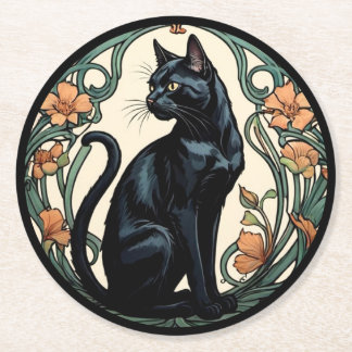 Art Nouveau Black Cat Round Paper Coaster