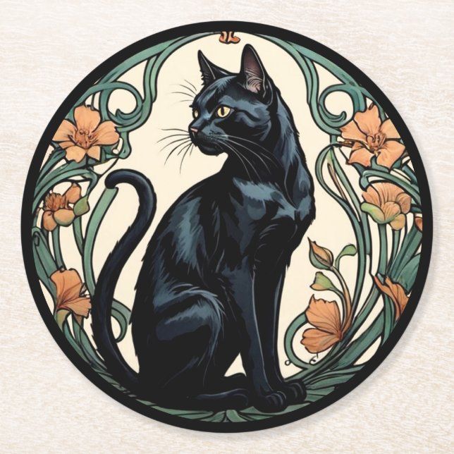Art Nouveau Black Cat Round Paper Coaster (Front)