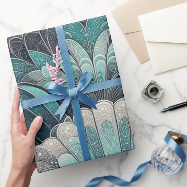 Art Nouveau Blue and Silver Fans Wrapping Paper (Gifting)