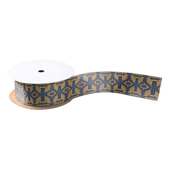 Art Nouveau Blue Gold Floral Pattern Ribbon Satin Ribbon (Spool)