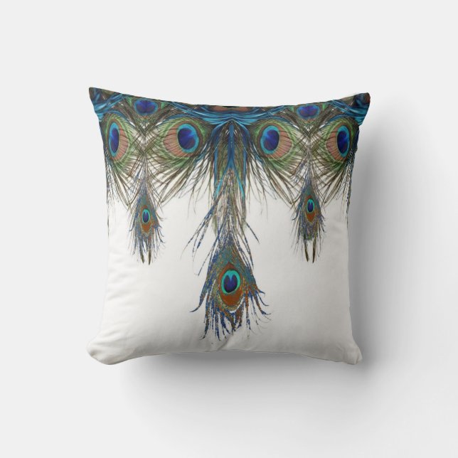ART NOUVEAU BLUE-GREEN PEACOCK FEATHERS ART CUSHION (Front)
