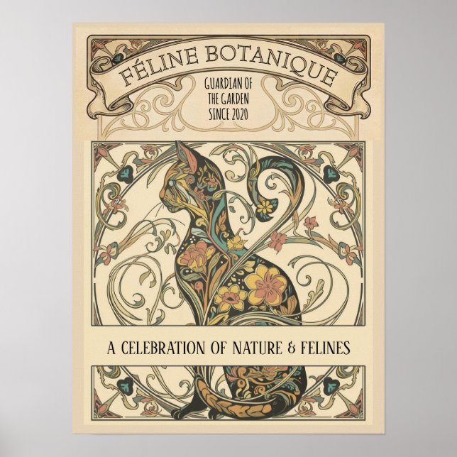 Art Nouveau Botanical Feline Ornamental Art Poster (Front)