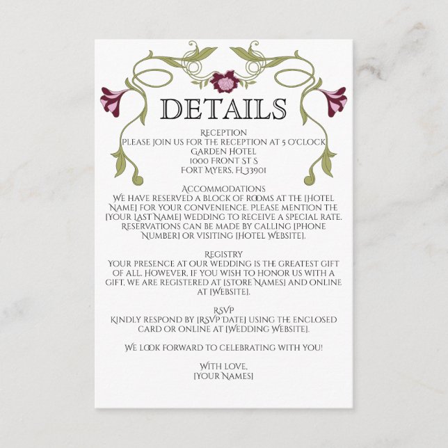 Art Nouveau Burgundy Pink Flowers Green Wedding Enclosure Card (Front)
