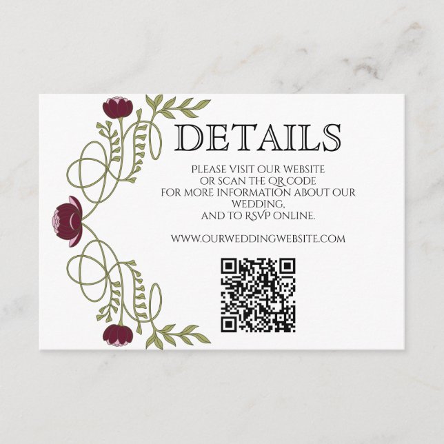Art Nouveau Burgundy Pink Wedding Details Website  Enclosure Card (Front)