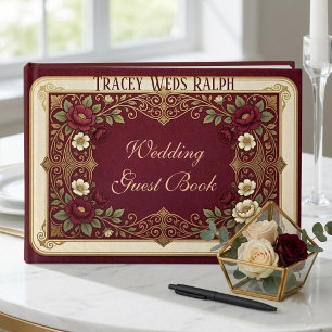 Art Nouveau Burgundy Roses Golden Luxury Wedding  Guest Book