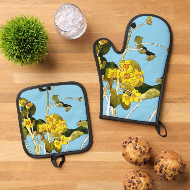Art Nouveau Buttercups Oven Mitt & Pot Holder Set (Top Down)