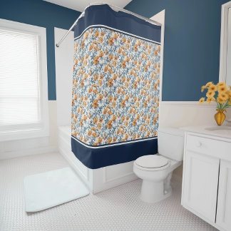 Art Nouveau California Poppies Navy Banded Shower Curtain