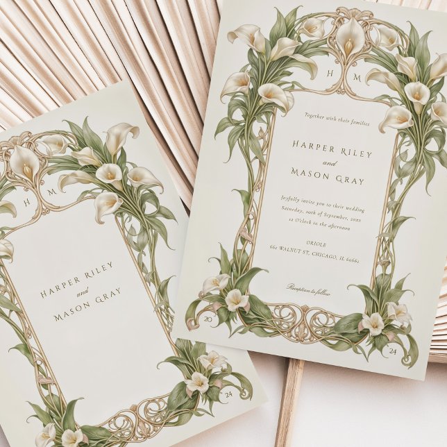 Art Nouveau Calla Lily Wedding in Ivory and Green Invitation (Creator Uploaded)