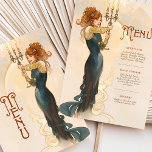 Art Nouveau Candlelight Wedding Menu Card<br><div class="desc">Add a touch of elegance to your wedding table with this Art Nouveau-inspired menu card. Featuring a sophisticated woman holding a candelabra, this design blends flowing navy blue, warm gold, and soft cream hues for a timeless and luxurious aesthetic. The front showcases a vintage-style figure and bold "Menu" typography, while...</div>