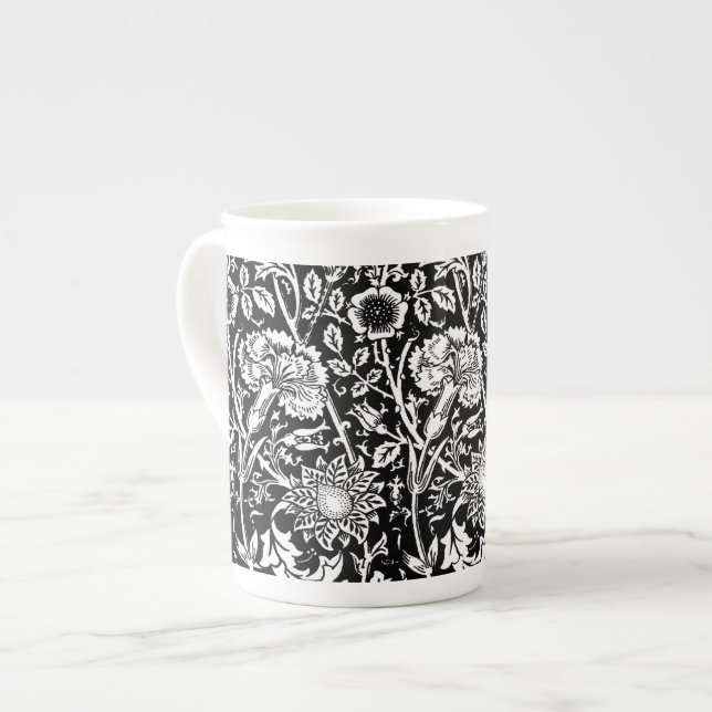 Art Nouveau Carnation Damask, Black and White Bone China Mug (Front Left)
