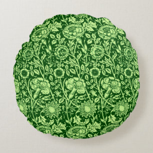Art Nouveau Carnation Damask, Forest Green Round Cushion