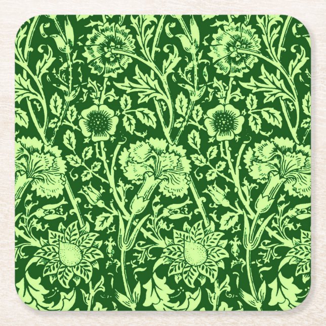 Art Nouveau Carnation Damask, Forest Green Square Paper Coaster (Front)