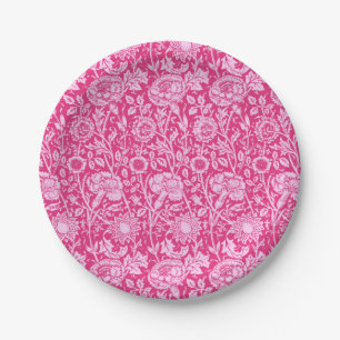 Art Nouveau Carnation Damask, Fuchsia Pink Paper Plate