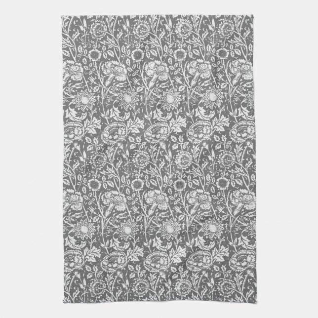 Art Nouveau Carnation Damask, Gray / Gray Tea Towel (Vertical)
