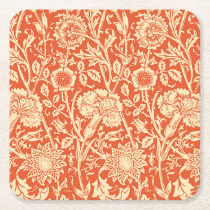 Art Nouveau Carnation Damask, Mandarin Orange Square Paper Coaster