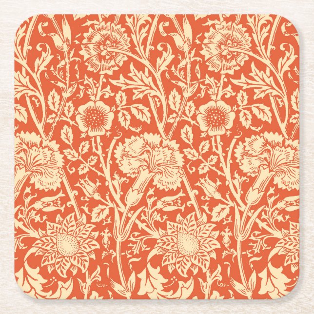 Art Nouveau Carnation Damask, Mandarin Orange Square Paper Coaster (Front)