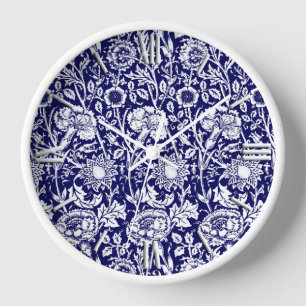 Art Nouveau Carnation Damask, Navy and White Clock
