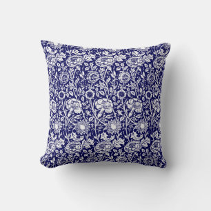 Art Nouveau Carnation Damask, Navy and White Cushion
