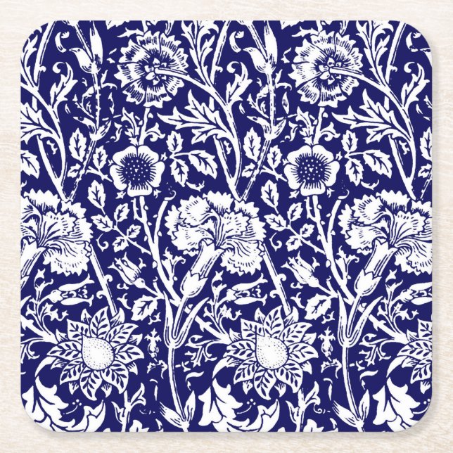 Art Nouveau Carnation Damask, Navy and White Square Paper Coaster (Front)