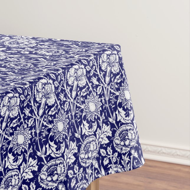 Art Nouveau Carnation Damask, Navy and White Tablecloth (In Situ)