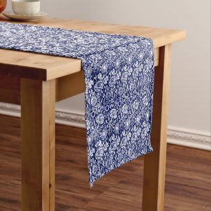 Art Nouveau Carnation Damask, Navy Blue and White Short Table Runner