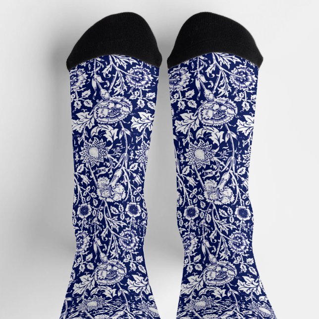 Art Nouveau Carnation Damask, Navy Blue and White Socks (Top)