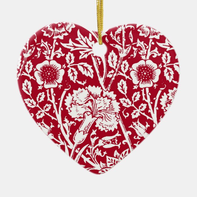Art Nouveau Carnation Damask, Red and White Ceramic Tree Decoration (Front)