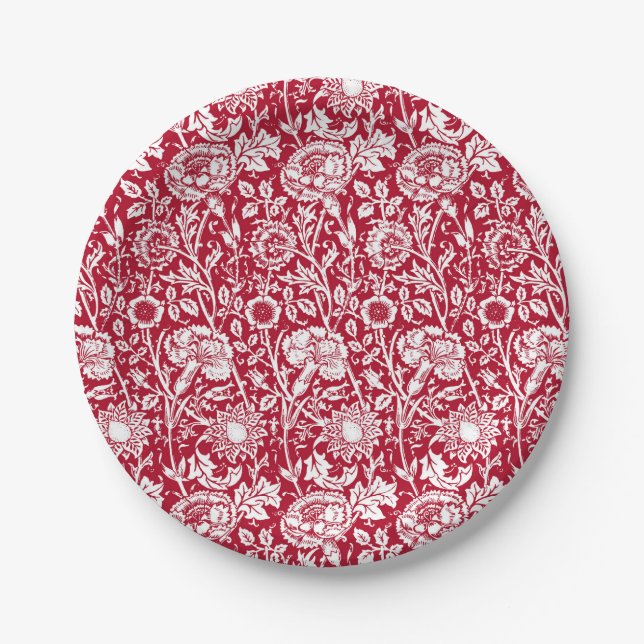 Art Nouveau Carnation Damask, Red and White Paper Plate (Front)