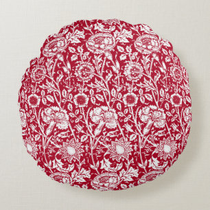 Art Nouveau Carnation Damask, Red and White Round Cushion