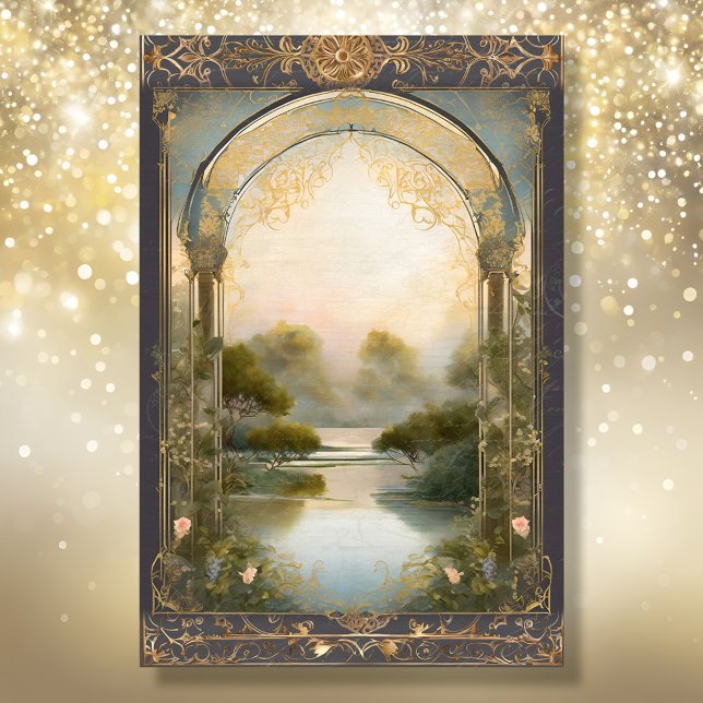 Art Nouveau Castle Lake Navy n Gold Ephemera 4A Tissue Paper (Creator Uploaded)