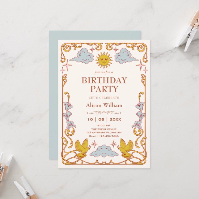 Art nouveau Celestial birthday Invitation (Front/Back In Situ)