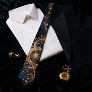 Art Nouveau Celestial Gold Sun Moon Midnight Navy Tie