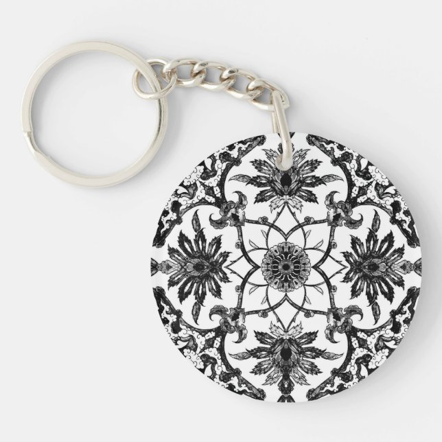 Art Nouveau Chinese Pattern - Black and White Key Ring (Front)