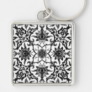 Art Nouveau Chinese Pattern - Black and White Key Ring