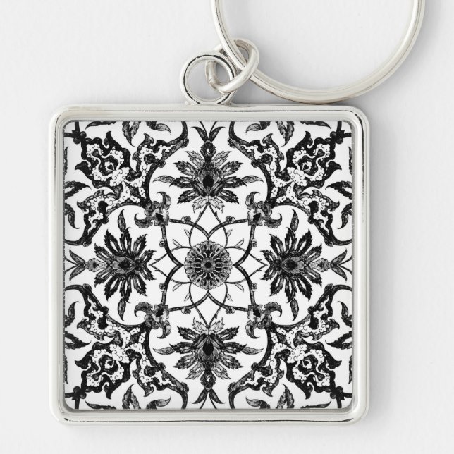Art Nouveau Chinese Pattern - Black and White Key Ring (Front)