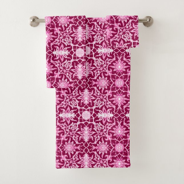 Art Nouveau Chinese Pattern, Burgundy and Pink Bath Towel Set (Insitu)