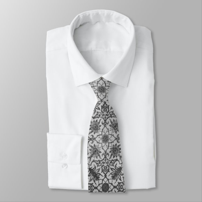 Art Nouveau Chinese Pattern - Silver Grey Tie (Tied)