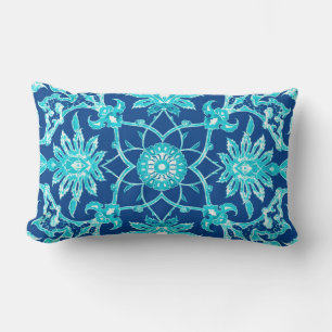 Art Nouveau Chinese Pattern - Turquoise and Blue Lumbar Cushion